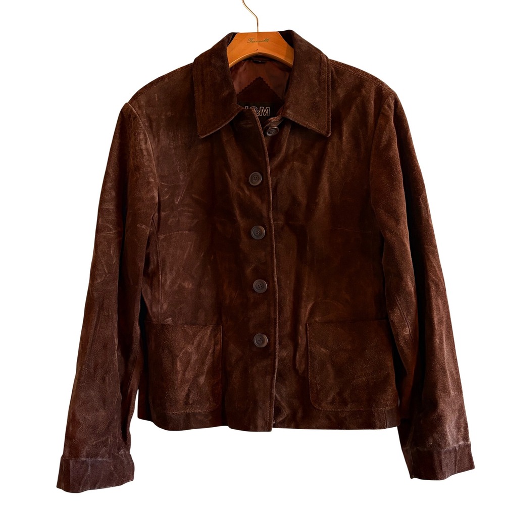 J&M Vintage Brown Suede Leather Button Up Jacket tailored fit fully lined  SZ S‎